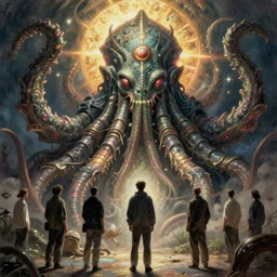 human looking at big monstrosity portrait of Cthulhu, hyperdetailed, artstation, cgsociety, by Tyler Edlin and Jean Delville, by John Berkey and Filip Hodas