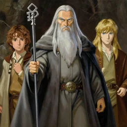 anime key visual of the lord of the rings, gandalf, frodo, aragorn, acrylic painting, cinematic, dramatic lighting, aesthetically pleasing, anatomically correct