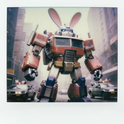epic pose!!! giant oversized battle rabbit robot chubby mech transformers retro boombox delorean fusion with mecha robot double decker with giant oversized ears and rabbit babies, in city riot, full body, cinematic focus, polaroid photo, vintage, neutral dull colors, soft lights, foggy mist, by oleg oprisco, by thomas peschak, by discovery channel, by victor enrich, by gregory crewdson