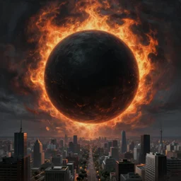 a massive black sphere void in the center of the sky surrounded by swirling firestorm clouds, a detailed cityscape modern, wide perspective, highly detailed digital art, cinematic, dark moody colors, hyper realism, oil on canvas, trending on Artstation, octane render