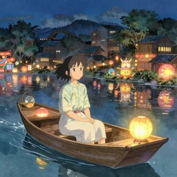 grand river lantern festival photo, a beautiful girl is sitting on the boat, chinese watercolor style, trending on artstation, global illumination, radiant light, night lighting, fantasy art by makoto shinkai, highly detailed and intricate environment, 8 k