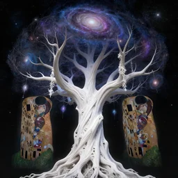 a cosmic yggdrasil with galaxies hanging from the branches by thomas cole and gustav klimt, digital art, artstation, low angle, high detail, intricate, white wood,