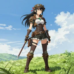 girl with steampunk weapons and uniform, serious, finely detailed, made by wlop, artgerm, ross tran, full body portrait, illustration, grass, sunny, sky, anime, side view, perfect anime face, detailed face, zoomed out, smooth,