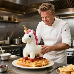 Gordon Ramsey cooking a unicorn in a intricate wafflehouse kitchen 4k