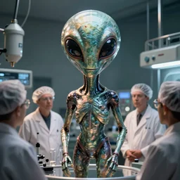 photo of classified alien high detailed, closeup, hd, laboratory with scientists gathering around