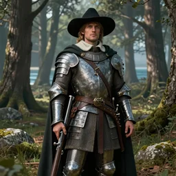 of elf the english pilgrim colonial, in black wide hat, with musket, in armor and cloak, realistic forest and sea, octane render, art deco, medieval