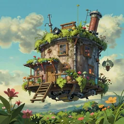 a wholesome animation key shot of a post apocalyptic 8 0's robotic flying house, covered by nature hipster vibes by studio ghibli, animation, sharp, rendered in unreal engine 5, focused, anime key art by greg rutkowski, bloom, dramatic lighting