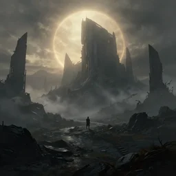 concept art, matte painting, dark epic sci fi landscape dawn mist halo, by dawe gabriel and dean roger