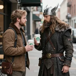 vikings in modern city try to buy coffee in starbucks