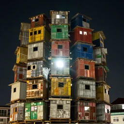 close - up towers made up of colourful makeshift squatter shacks, night time, flash light, over - exposed, mamiya, f 1. 7, photographed by julie blackmon