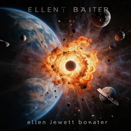 in the style of ellen jewett bowater, planets : : exploding : : colliding in space realistic brutal hateful awe shock terror