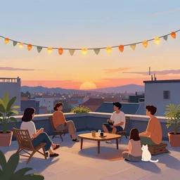 people chilling on the rooftop terrace, beautiful view, sunset, garland, cat. digital drawing by wes anderson, jean pierre jeunet, tim burton, tomm moore, howard arkley. hyper detailed.
