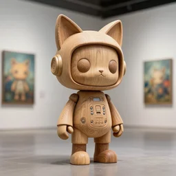 3 d octane render ultra 8 k photorealistic hyper detailed unreal engine a, vhs, futurepunk, concept art, trending on cgsociety, artwork masterpiece, in a contemporary art gallery, lossless quality, wooden sculpture statue on feet art toys, a very cute mystical robot of the bohemian with cats ears artwork by allred mike