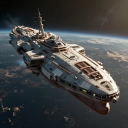 cyberpunk cargo ship strongly resembling industrial spaceship design concept art in space, by david levy, eve online, elite dangerous, artstation, concept art, highly detailed, rule of thirds, dynamic lighting, cinematic, detailed, magnificiant landscape, denoised, octane render, 3 d, cinema 4 d, hyper realism, high detail, unreal engine, 8 k