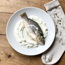 plate with fish and creme fraiche and dirty socks