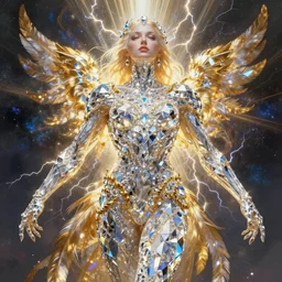 full muscular body made of diamonds , golden feathers ,thunder, shining light, nebulas, god rays by Karol Bak, Ayami Kojima, Amano and Olivier Ledroit