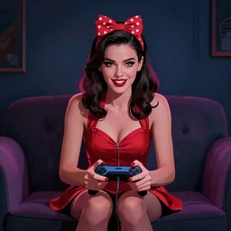 a pin up woman playing a videogame, front view, digital art, photoshop, dark lighting, couch, holding a control