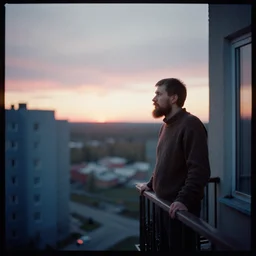lomographic tarkovsky film still of 4 0 years russian man with beard and sweater standing on small hrushevka 9 th floor balcony in taiga looking at sunset, cinestill, bokeh
