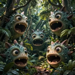 of the dark jungle with large cute strange friendly creatures with big eyes, mouth and sharp teeth appearing from the bushes, in the style of Gaudi