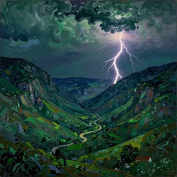 Fauvist style photograph of a valley, right at the moment a lightning , 4K, super detailed, dark green clouds