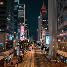 street level view looking down the street road of futuristic hong kong city at night by cyril rolando and naomi okubo and dan mumford and ricardo bofill. advertisements. neon. tower blocks.