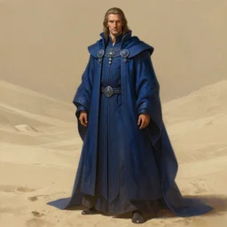 charismatic male mage, viscount, linen robe, ancient, sand, indigo, intricate, highly detailed, digital painting, artstation, concept art, smooth, sharp focus, illustration, Unreal Engine 5, 8K, art by artgerm and greg rutkowski and alphonse mucha