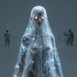 inhuman, covered in transparent cloth, plastic, glowing eyes, flat background, masterpiece, glowing, wires everywhere, by edgar maxence and ross tran, zdzisław beksinski, and michael whelan, distant, gustav dore, h. r. giger, 8 k, octane render