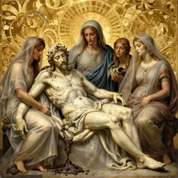 masterpiece ultrarealistic ultradetailed la pieta medium shot painting of catholic veiled transparent ladies with rotting still life, slime, donato giancola, lawrence alma - tadema, immerse, special effects makeup, maximalist, glittering, gold, ivory, hyperreal, golden ratio, alphonse mucha