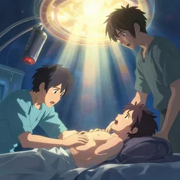 be born then, gasp wind, screech at the surgeon's slap, seek manhood, taste a little of godhood, feel pain, give birth, struggle a little while, succumb : by dan mumford, yusuke murata, makoto shinkai, ross tran, cosmic, heavenly, god rays, intricate detail, cinematic, cel shaded, unreal engine, featured on artstation, pixiv