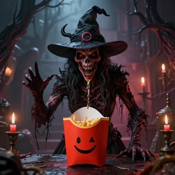 a witchcraft demonic version of a happy meal in hell, horrific, 8 k, octane render, volumetric lighting, hdr, hyperrealsitic, hieronymous bosch hr giger moebius style