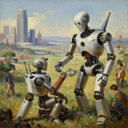 natural american landscape | robot repairing another robot, painting by syd mead and weta studio, alphonso mucha, james jean, frank frazetta, highly detailed, rule of third, soft lighting, 8 k resolution, oil on canvas, architectural magazine, beautiful detailed, insanely intricate details, artstation trending, hypermaximalistic, high details, cinematic
