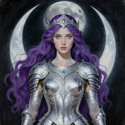painting of warrior priestess of the moon, silver filigree armor and tiara, moon above head, purple wavy hair, smooth translucent skin, wide striking eyes, beautiful! coherent! symmetrical body, by brom, by brian froud, strong line, high contrast, muted color, preraphaelite style, 4 k, trending on artstation