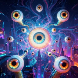 mythical glowing eyeballs in infinite serpent city, ( ( ( synthwave ) ) ), ( ( fractal waves ) ), bright neon colors, highly detailed, cinematic, tim white, michael whelan, caza, bob eggleton, philippe druillet, vladimir kush, kubrick, alfred kelsner