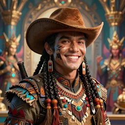 pfp portrait happy bounty hunter cyberpunk cowboy in tribal regalia, an idea seep's into infinity highly detailed in volumetric latent space, cinematic light, sharp focus, divine realm of gods, octane render,