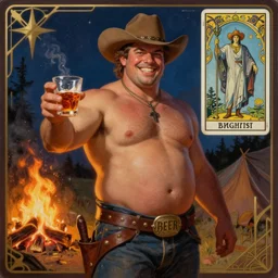 a dramatic, epic, ethereal painting of a handsome! smirking thicc shirtless cowboy with a beer belly wearing a large belt and offering food and whiskey | background is a late night campfire |  tarot card, art deco, art nouveau | by Mark Maggiori | trending on artstation