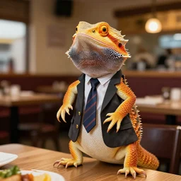 a life sized bearded dragon standing up, wearing a suit and tie in a restaurant, asking you what you want to order for food