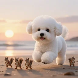 a photorealistic image of a large knitted white bichon puppy chasing a pack of squirrels during sunset at the beach Trending on artstation, featured on Behance, well-rendered, Unreal Engine, 4K HD