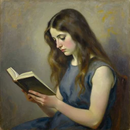 a girl reading a book, her hair flowing down by remedios varo, oil on canvas