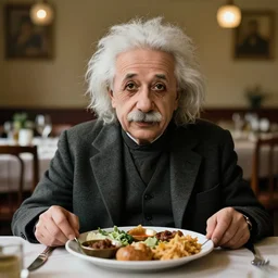 a portrait of albert einstein sitting at the dining table with a plate containing thali in front of him, highly detailed, trending on artstation, bokeh, 9 0 mm, f / 1. 4