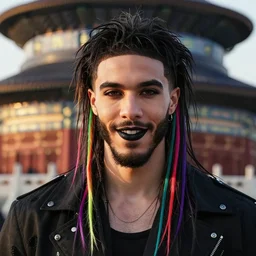 a beautiful portrait photo of Boston Celtics Jayson Tatum wearing cybergothic clothing, bright colored streaks of hair, messy long black hair, black lipstick, heavy eyeliner, cute smile, beautiful detailed eyes, golden hour in Beijing, outdoors, Jayson Tatum professional award winning portrait photography, Zeiss 150mm f/2.8 Hasselblad