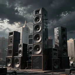 a city made out of towering speaker stacks dark and foreboding in the style of beksinki