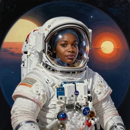 “nigerian female astronaut on board international space station wearing space suit and translucent helmet, highly detailed, realistic, photorealistic, proportional, beauty, fish eye lens, nasa, in the style of Edward hooper oil painting sun rising”