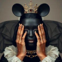 black queen in the shape of mickey mouse, face symmetry, beautiful hands symmetry, photo shooting gucci, by tom bagshaw