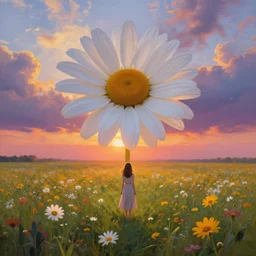 giant daisy flower hair, full body girl standing in a flower field, surreal photography, sunrise, dramatic light, impressionist painting, colorful clouds, digital painting, artstation, simon stalenhag