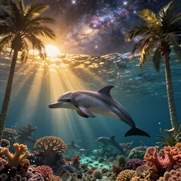 dolphin swimming underwater, golden hour, god rays, coral reef, dreamscape by artgerm and ruan jia and ismail inceoglu and greg olsen, cosmos, milky way galaxy, masterpiece, beautiful, intricate, elegant, highly detailed, palm trees