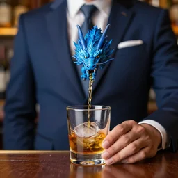 blue dragon in a suit drinking whiskey