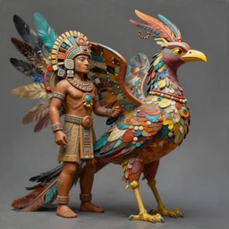 a sculpture of mythical creatures, made of colorful feathers, half aztec warrior, half bird, elegant, shaman messenger of a new generation, artstation, visionaryart, shamanicart, concept art, award winning acrylic painting, ambient occlusion, vray render,