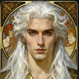 realistic detailed face portrait of a handsome vampire prince with long white hair by alphonse mucha, ayami kojima, amano, greg hildebrandt, and mark brooks, male, art nouveau, neo - gothic, gothic