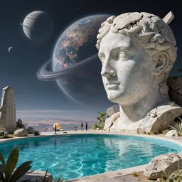 Esao Andrews, scifi nightscape, planets, hyperrealistic surrealism, award winning masterpiece with incredible details, epic stunning, infinity pool, a surreal vaporwave liminal space, highly detailed, trending on ArtStation, artgerm and greg rutkowski and alphonse mucha, daily deviation, IAMAG, broken giant marble head statue ruins, calming, meditative