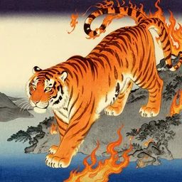 fire tiger in the style of utagawa hiroshige, full hd, highly detailed